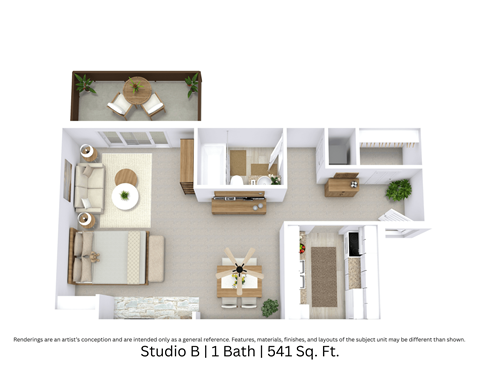 3D floor plan with an angled view of Studio B, showcasing furniture arrangement and spacious layout across 541 Sq. Ft.